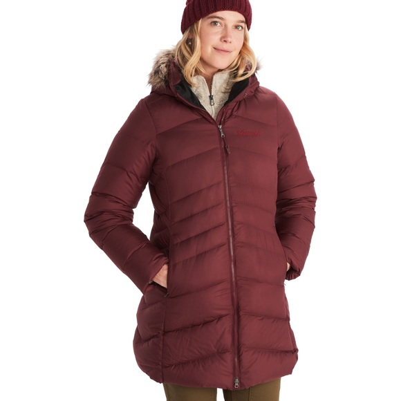 NWT Marmot Women’s Montreal 700 Fill Down Fur Lined Long Parka Port Royal Red - Picture 2 of 13